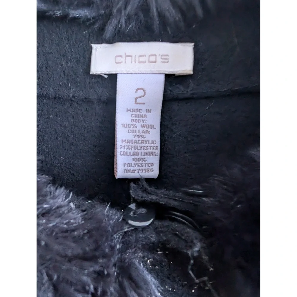 Chicos Black Gold Metallic Print Faux‎ Fur Collar Cardigan Sweater Jacket Sz L 2